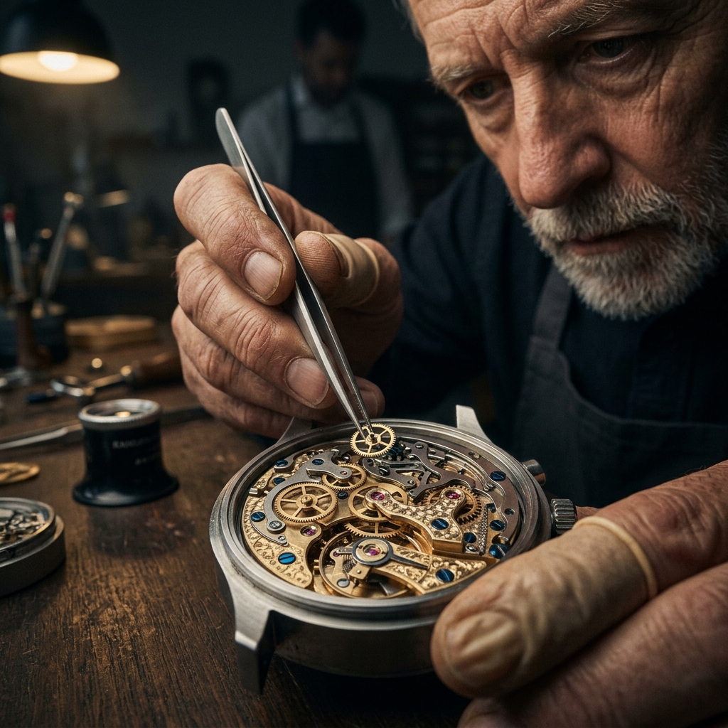 A master watchmaker assembling the movement with tweezers