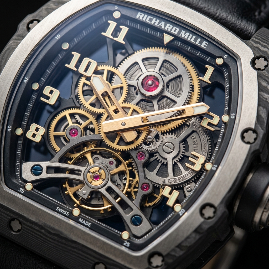 Detail plate of the Caliber 1 skeleton movement — barrel, gear train, and balance wheel
