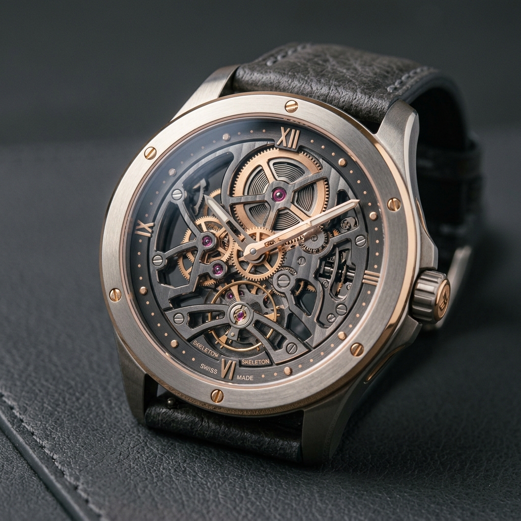 Strata Caliber 1 — skeleton dial in grade 5 titanium and rose gold, on grey leather