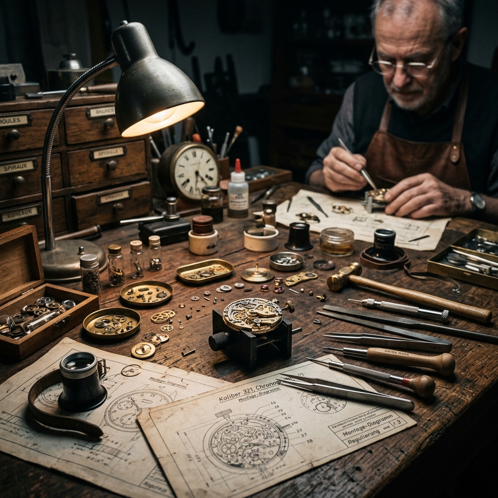 A watchmaker's bench with movement components, tools, and technical drawings